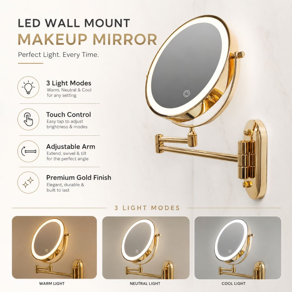 Miroir grossissant mural doré à LED rechargeable