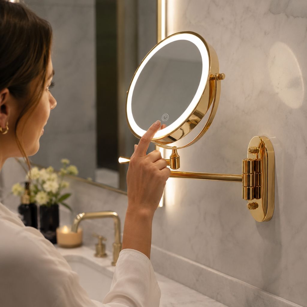 Miroir grossissant mural doré à LED rechargeable