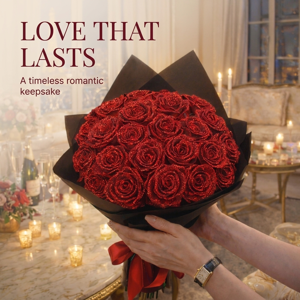 Bouquet de roses pailletées en coffret cadeau