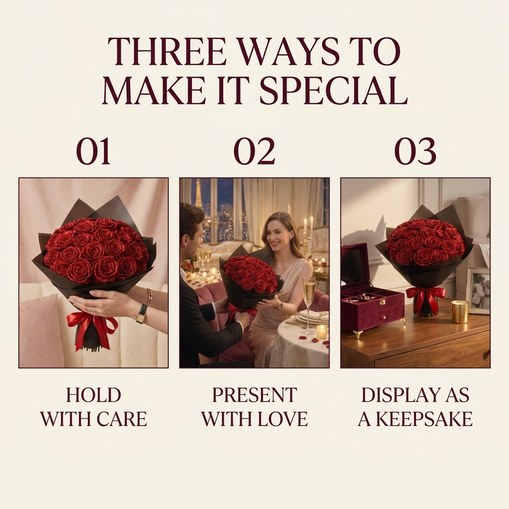 Bouquet de roses pailletées en coffret cadeau
