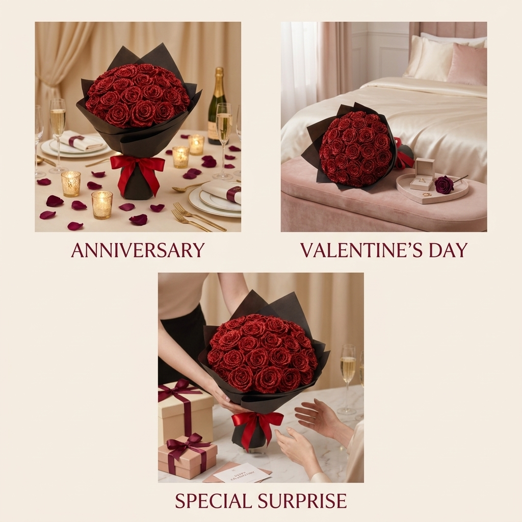 Bouquet de roses pailletées en coffret cadeau