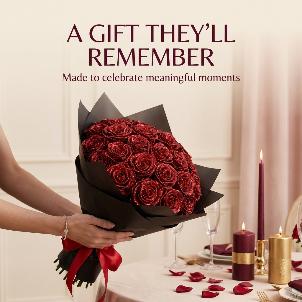 Bouquet de roses pailletées en coffret cadeau