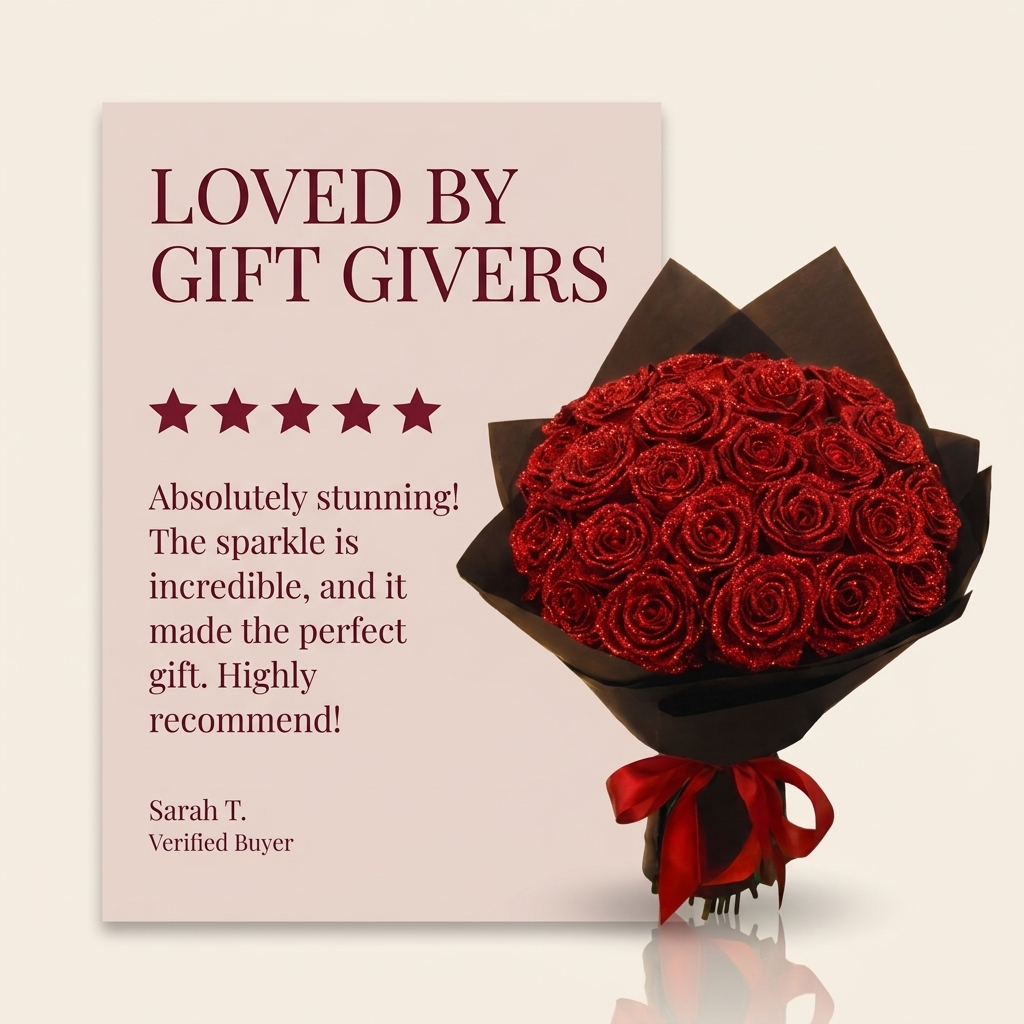 Bouquet de roses pailletées en coffret cadeau