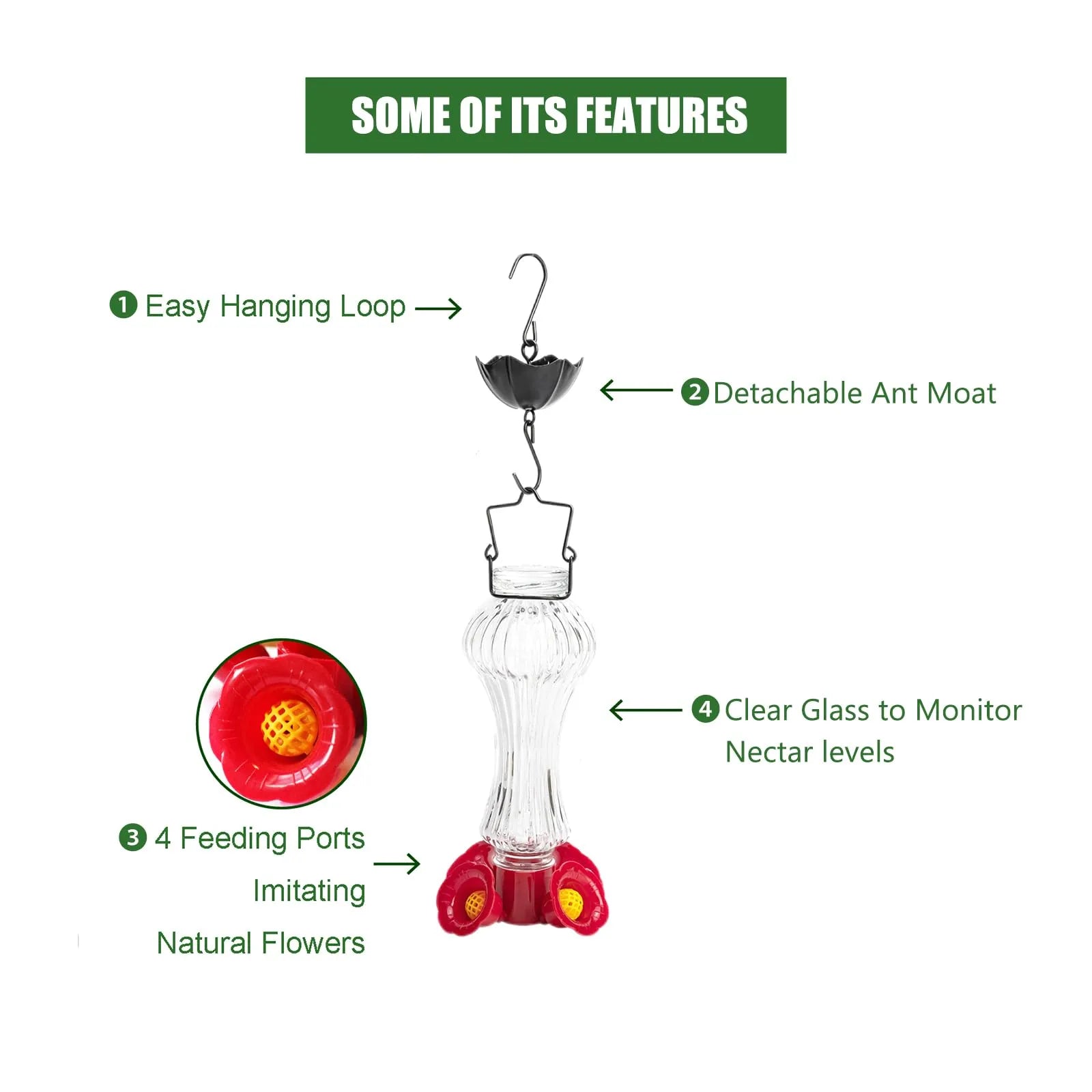 Flowered Glass Hummingbird Feeder with Ant Protection