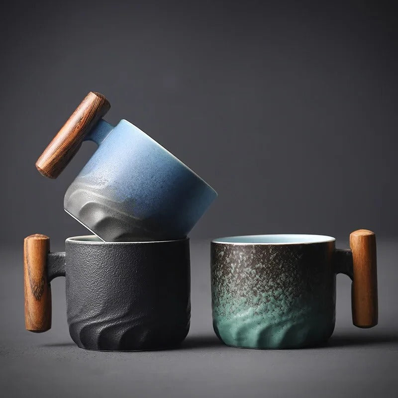 Vintage Espresso Cups with Natural Wooden Handle