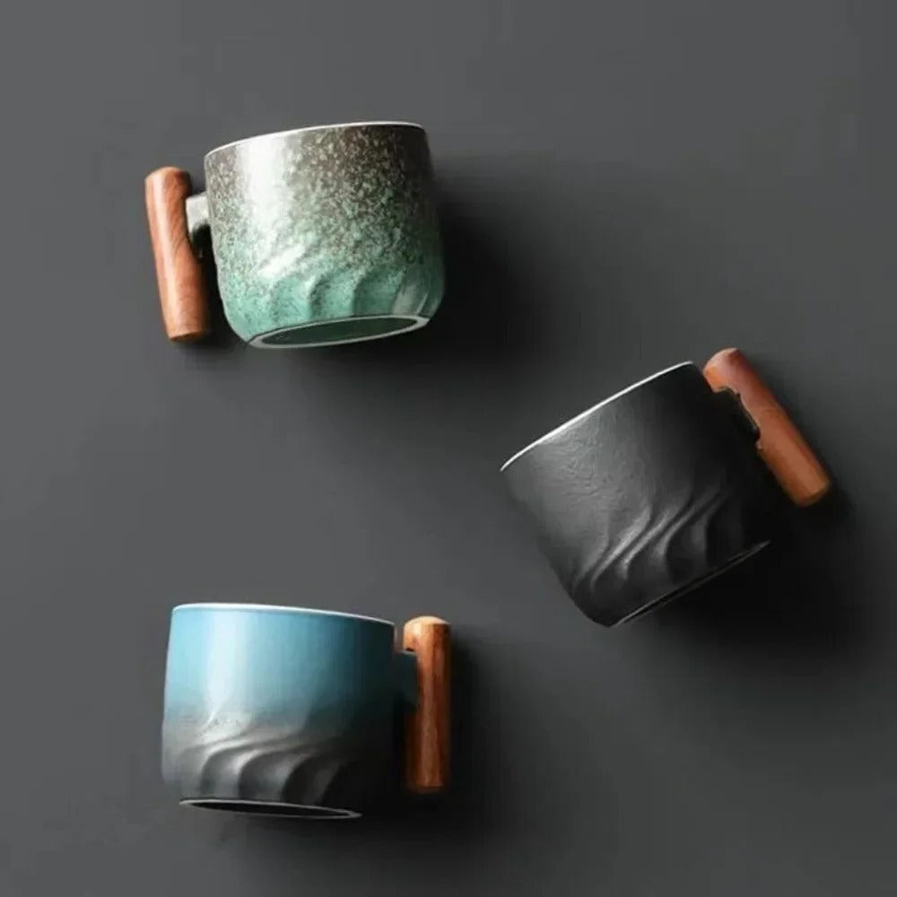 Vintage Espresso Cups with Natural Wooden Handle
