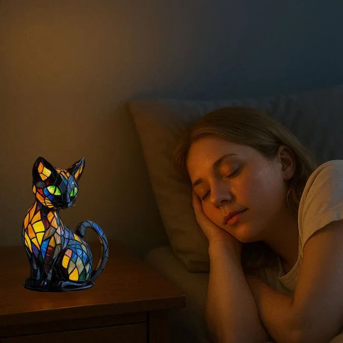 Lampe de table chat en vitrail