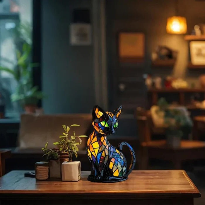 Lampe de table chat en vitrail