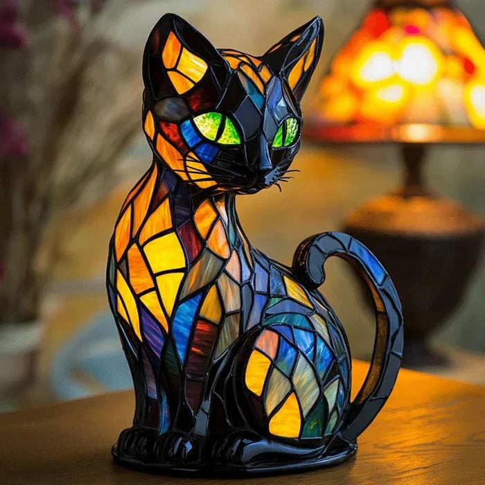 Lampe de table chat en vitrail