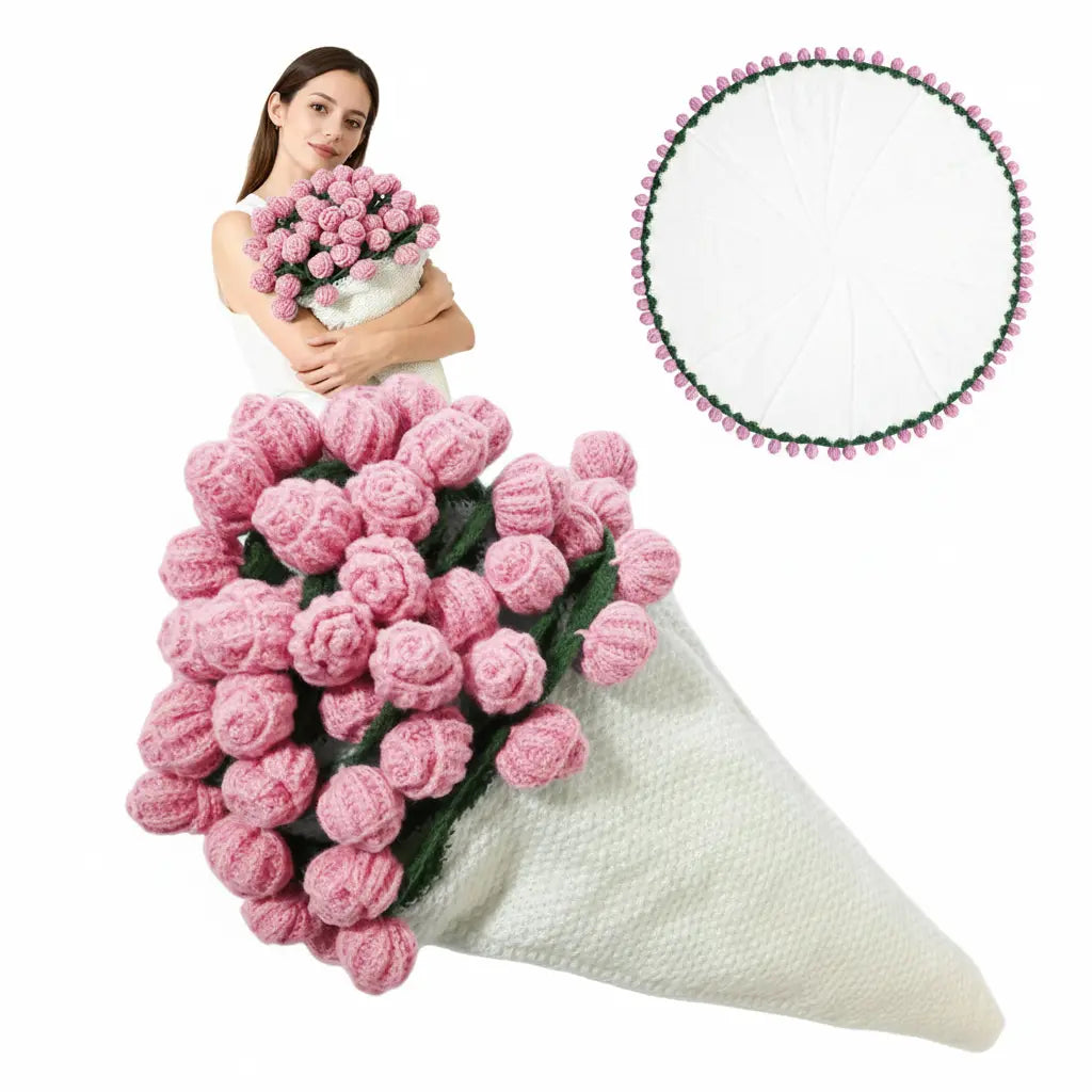 Plaid au crochet qui se plie en bouquet de roses