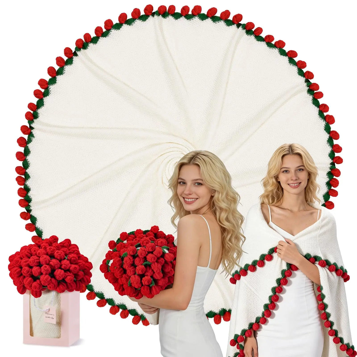 Plaid au crochet qui se plie en bouquet de roses