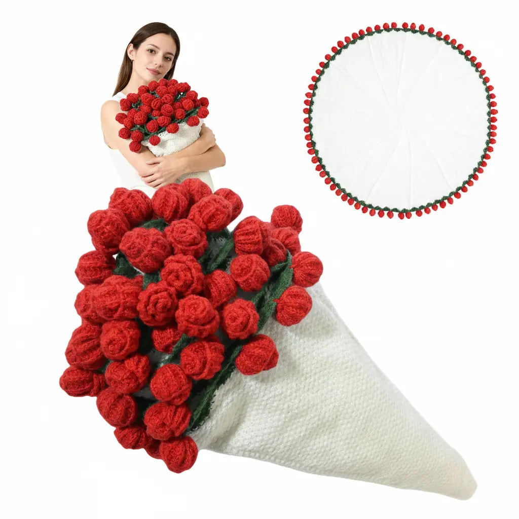Plaid au crochet qui se plie en bouquet de roses