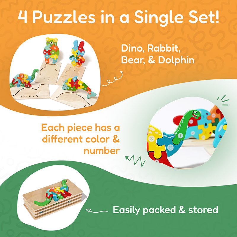 Children's Wooden Puzzles, Set of 4, Ages 3+