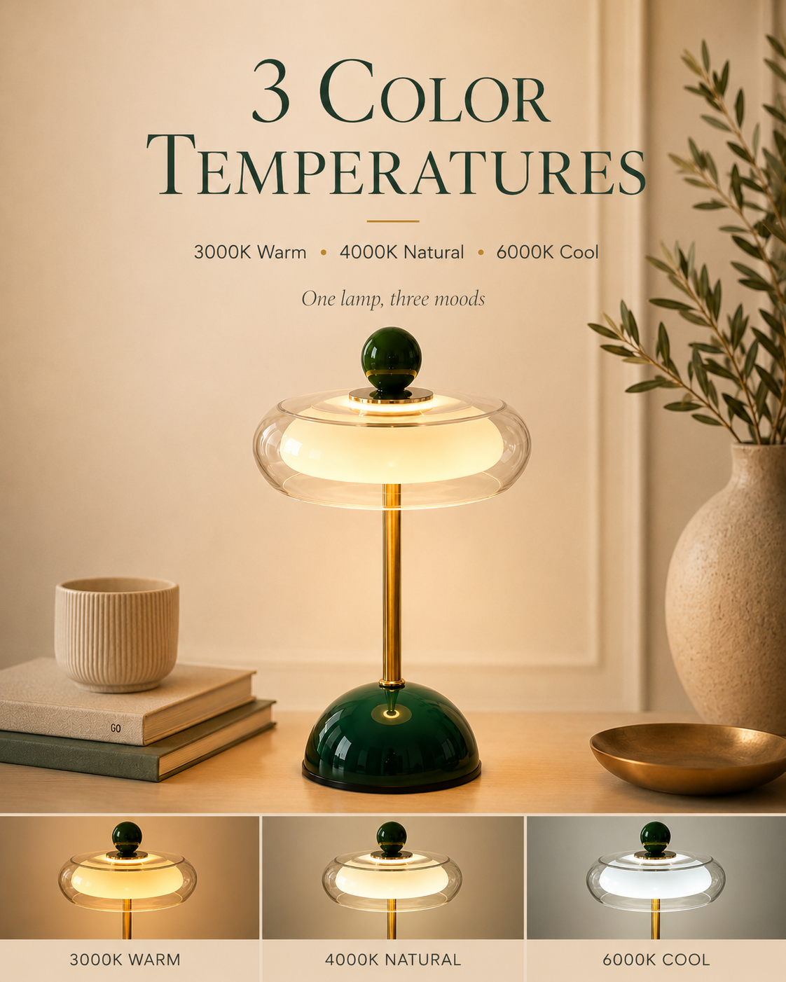 Lampe de table rechargeable en verre, style rétro