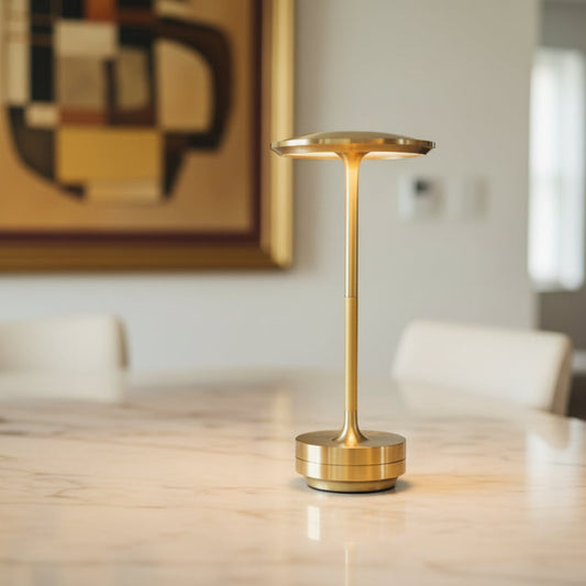 Élégante lampe de table LED rechargeable Rayon en finition dorée sur une table en marbre.