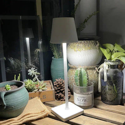 Lampe d'extérieur sans fil Aura éclairant un jardin ou une terrasse pendant la nuit.