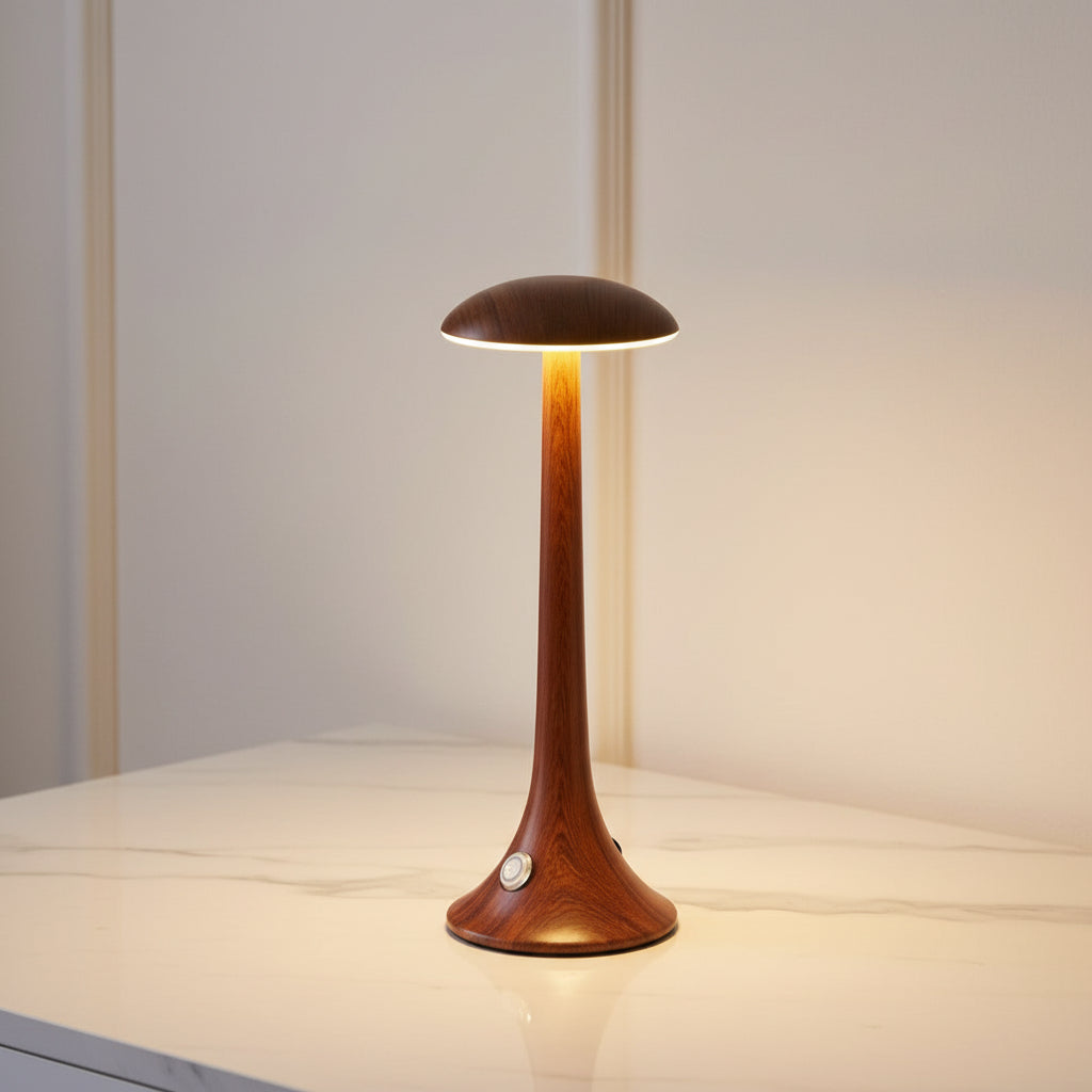Modèle de lampe Sharina en bois sombre sur une table blanche, idéal comme lampe de chevet.