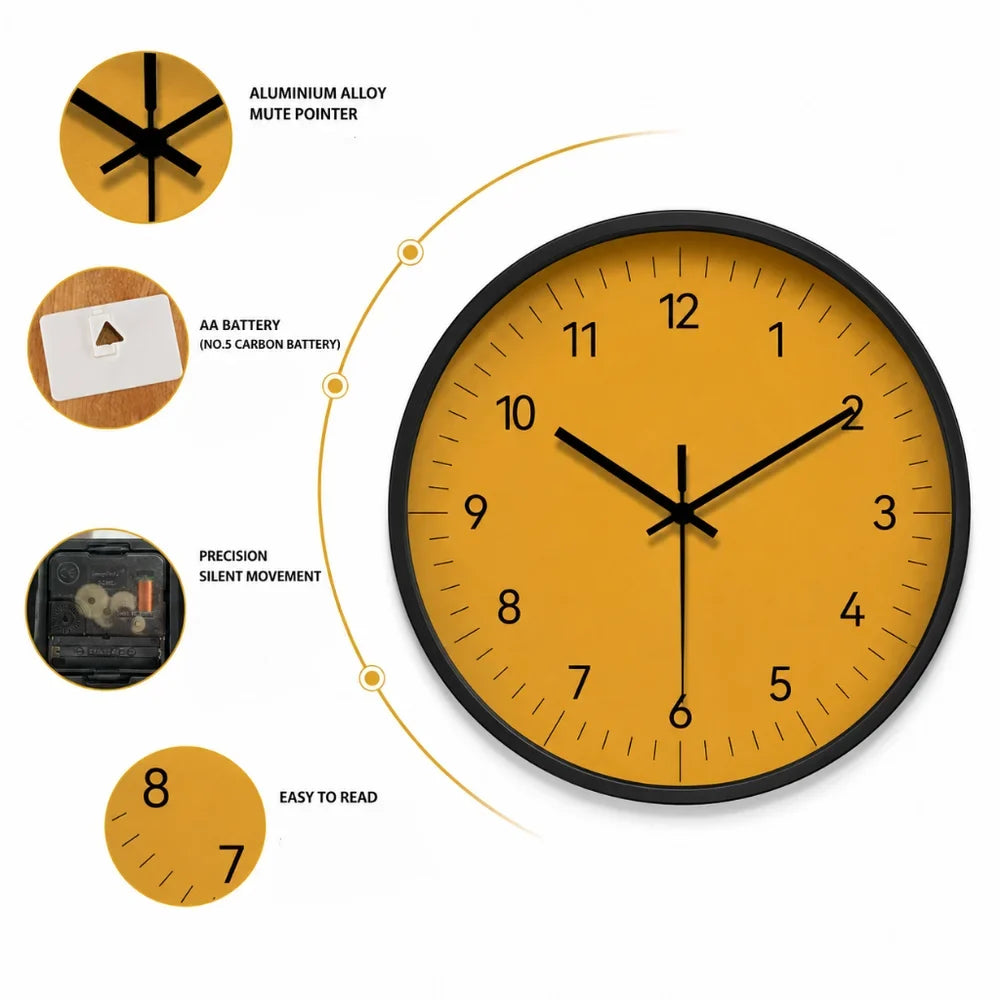 Horloge murale jaune minimaliste, mécanisme silencieux