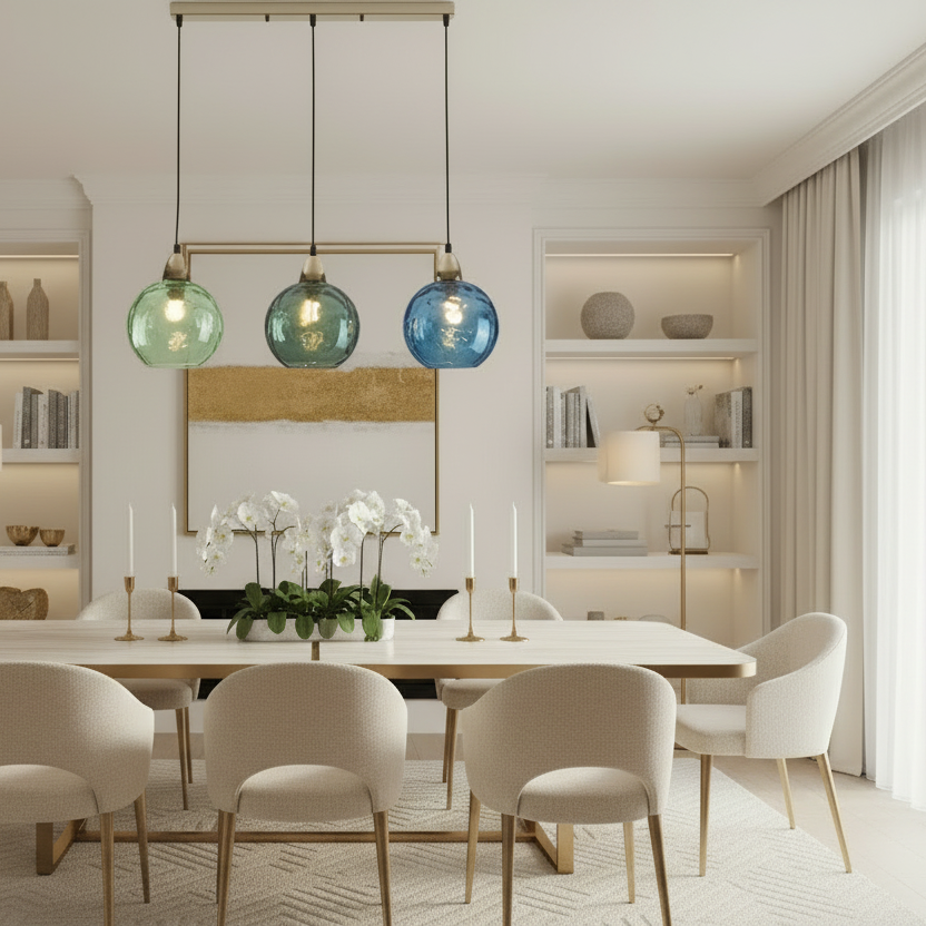 Le lustre triple Trilogie Lumineuse installé au-dessus d'une table à manger dans un intérieur moderne.