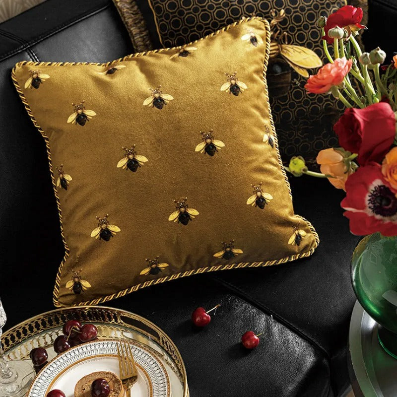 Golden Bee - Housse de Coussin Velours Abeille Dorée