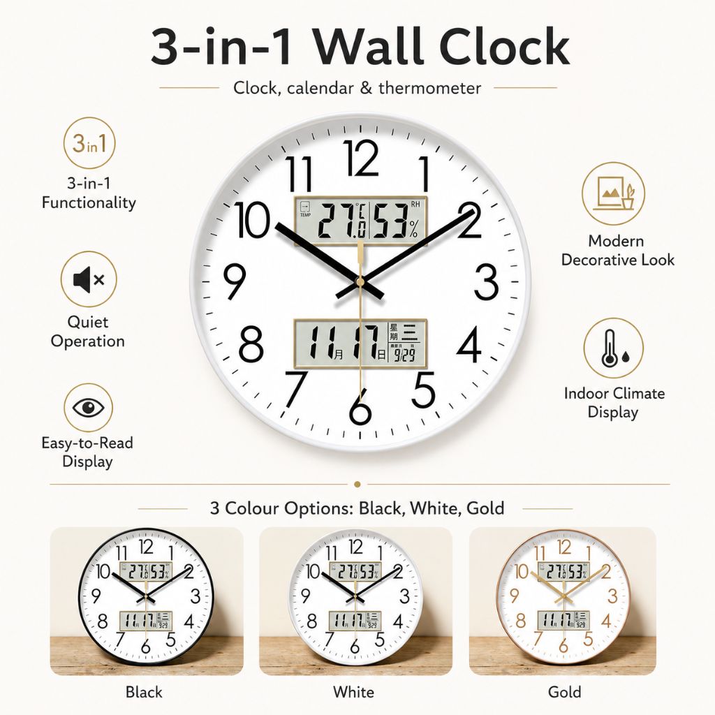 Silent Wall Clock with Calendar and Thermometer