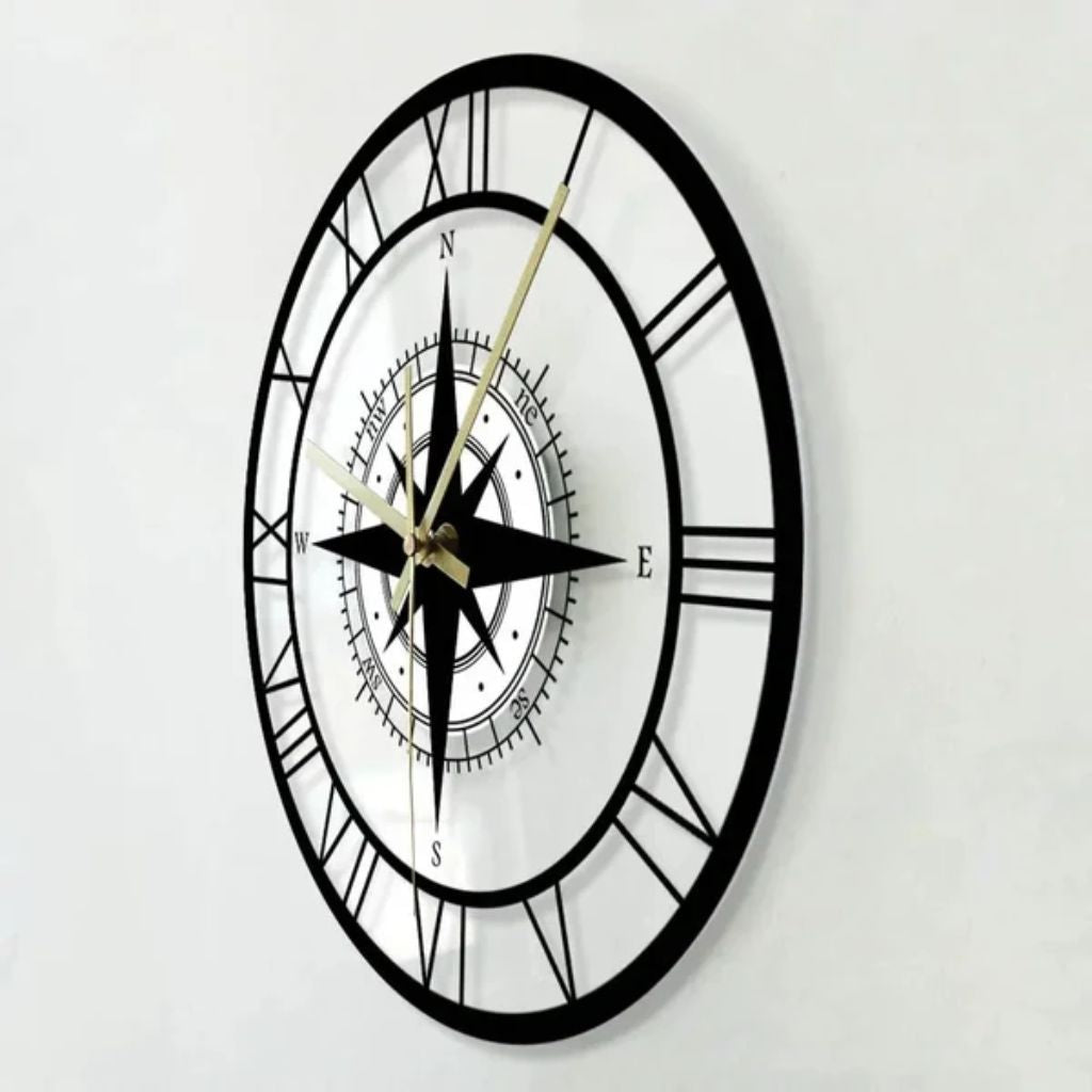 Horloge murale boussole, cadran 30 cm, mécanisme silencieux