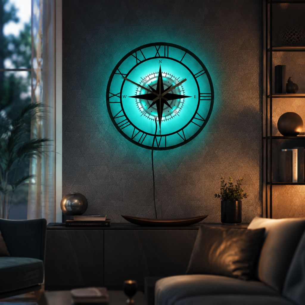 Horloge murale boussole, cadran 30 cm, mécanisme silencieux