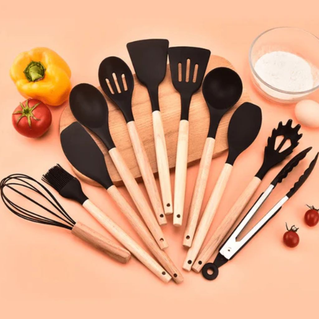Ustensiles de cuisine silicone et bois, lot de 11 pièces