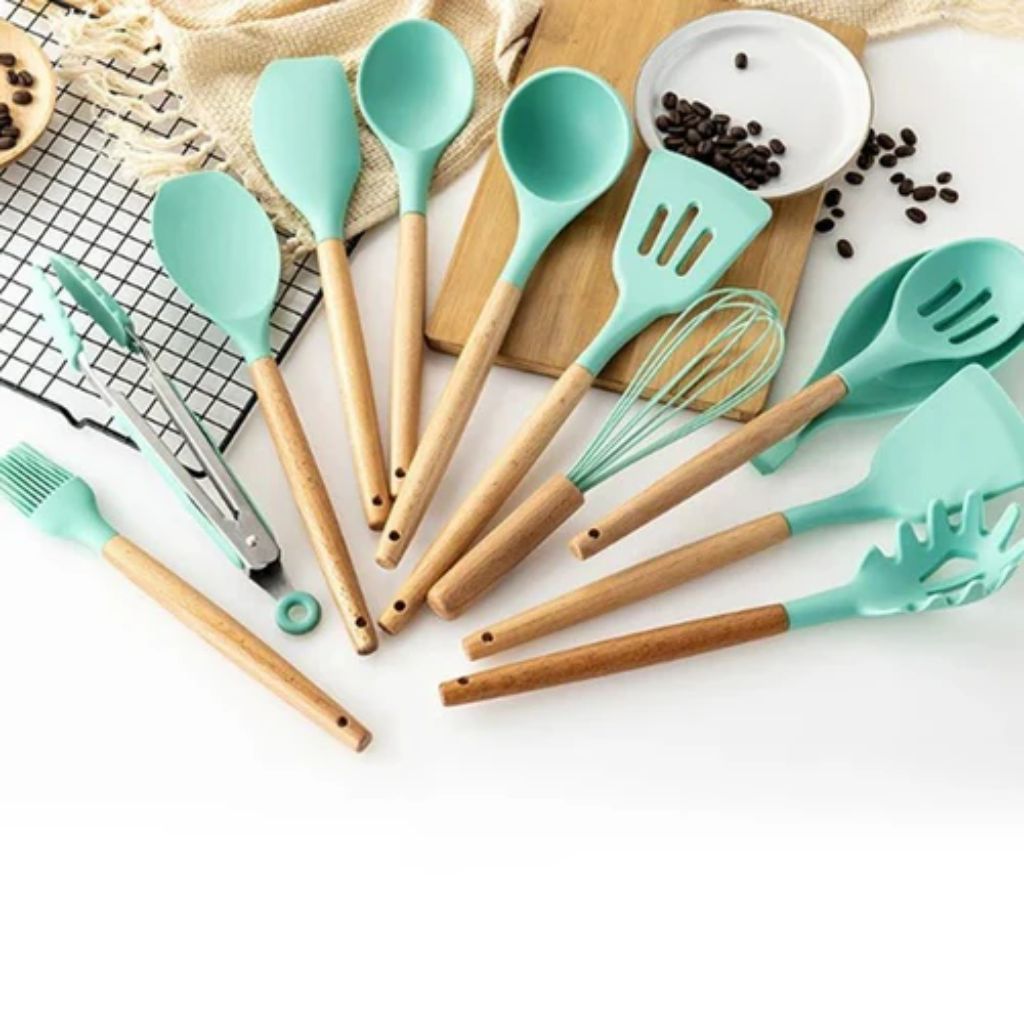 Ustensiles de cuisine silicone et bois, lot de 11 pièces
