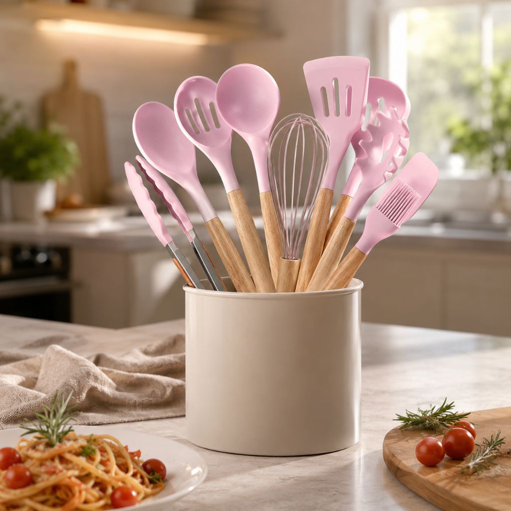 Ustensiles de cuisine silicone et bois, lot de 11 pièces