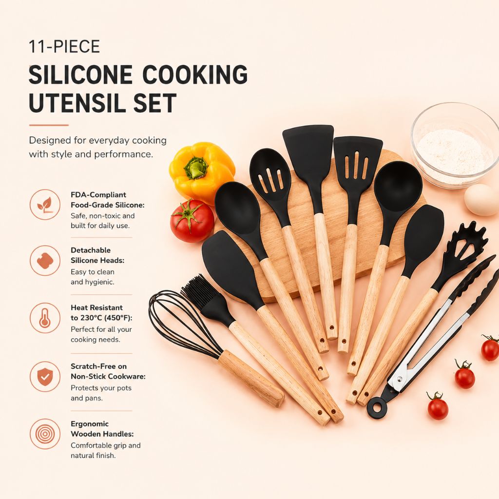 Ustensiles de cuisine silicone et bois, lot de 11 pièces