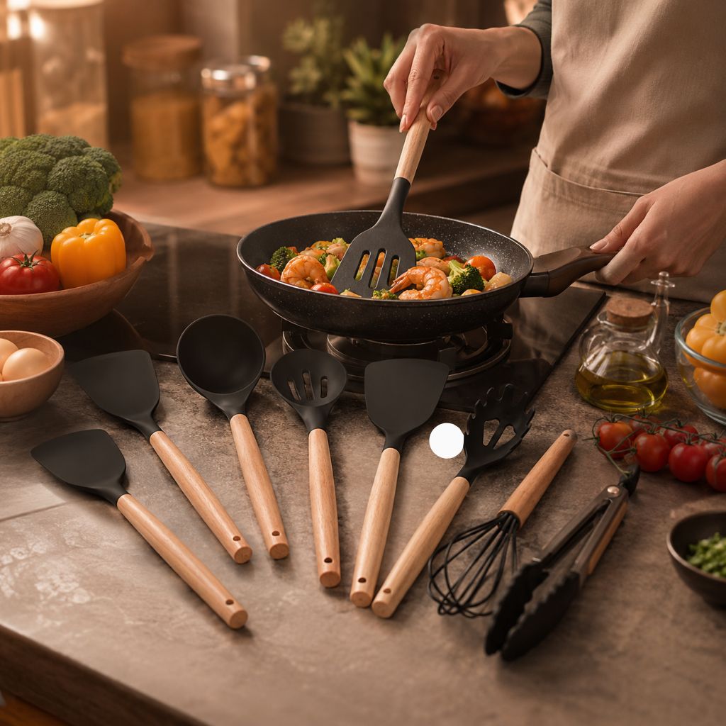 Ustensiles de cuisine silicone et bois, lot de 11 pièces