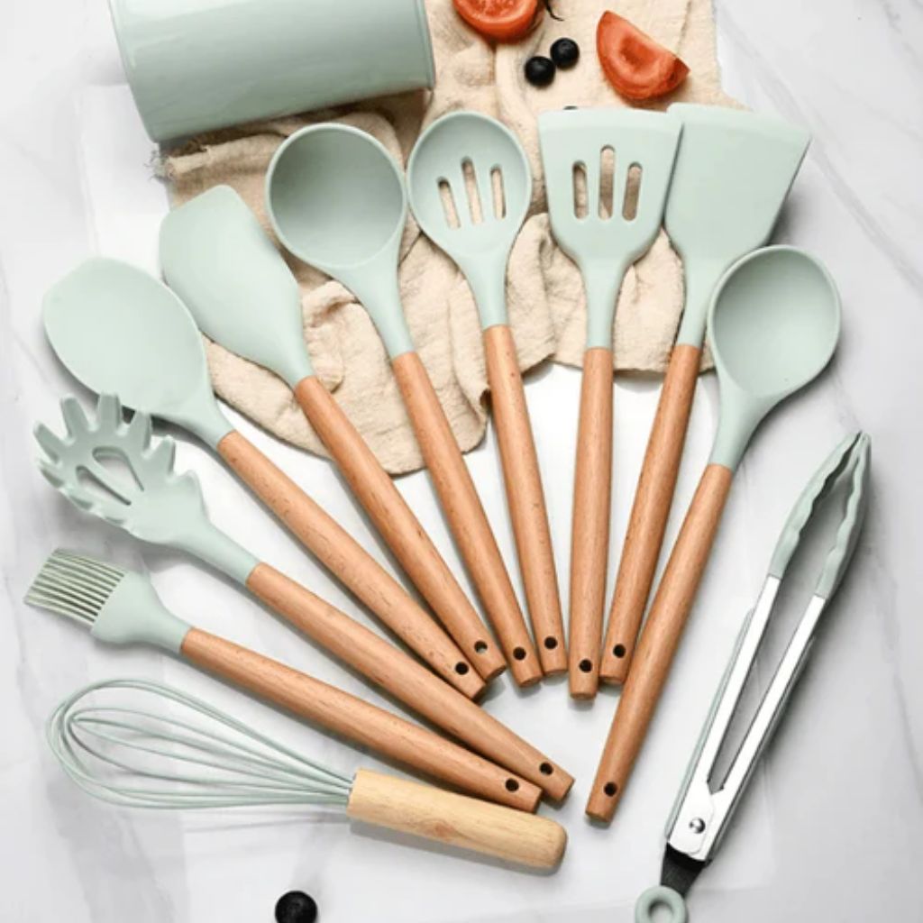 Ustensiles de cuisine silicone et bois, lot de 11 pièces