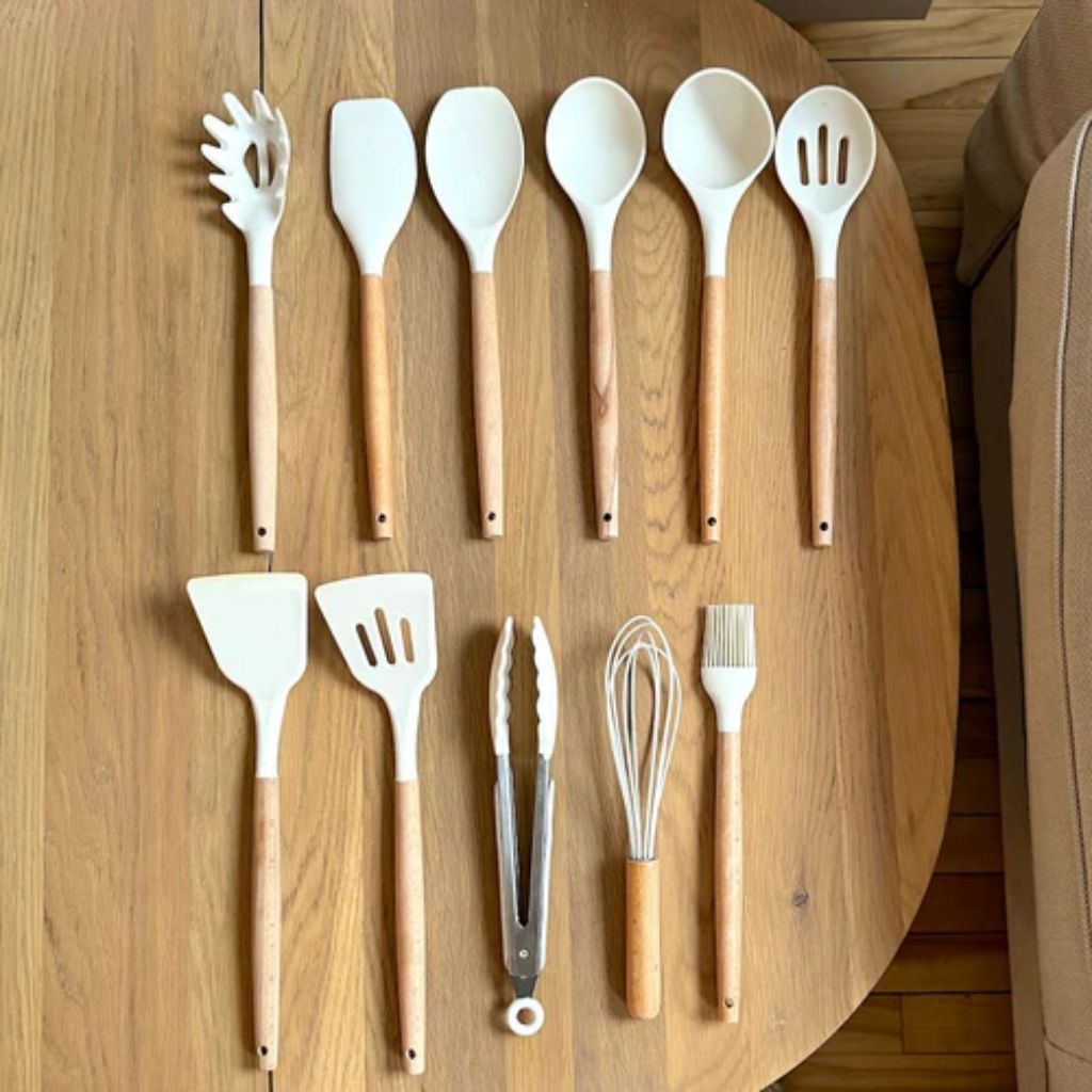 Ustensiles de cuisine silicone et bois, lot de 11 pièces