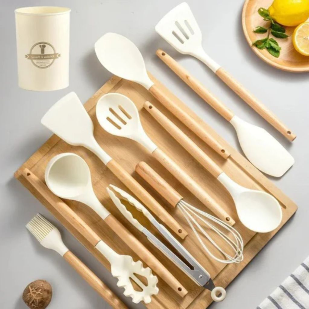Ustensiles de cuisine silicone et bois, lot de 11 pièces