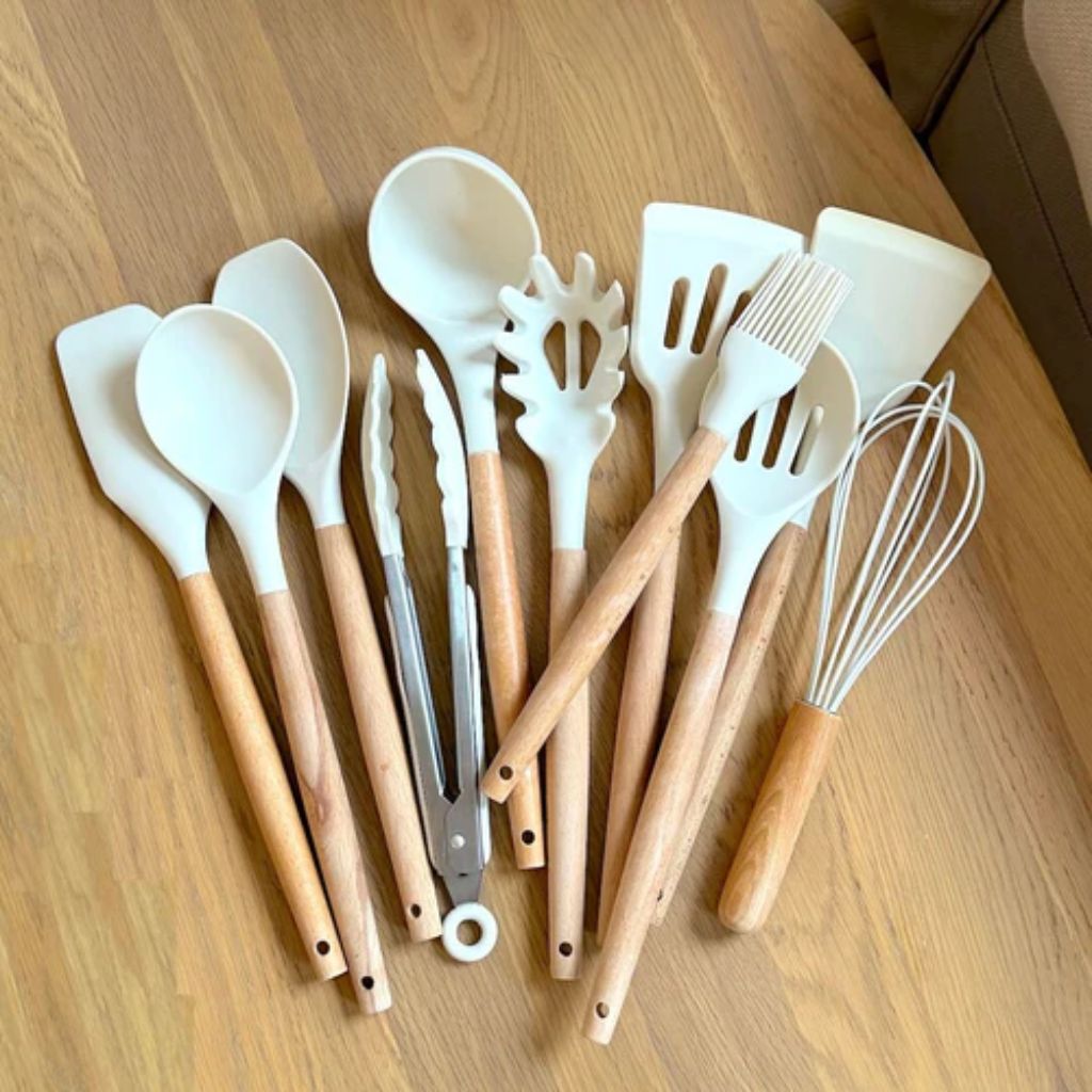 Ustensiles de cuisine silicone et bois, lot de 11 pièces