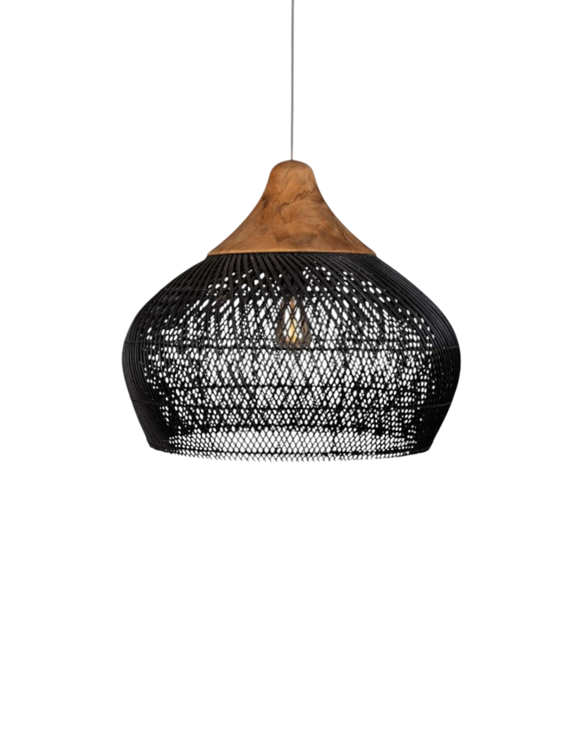 Suspension globe en rotin tressé main et bois