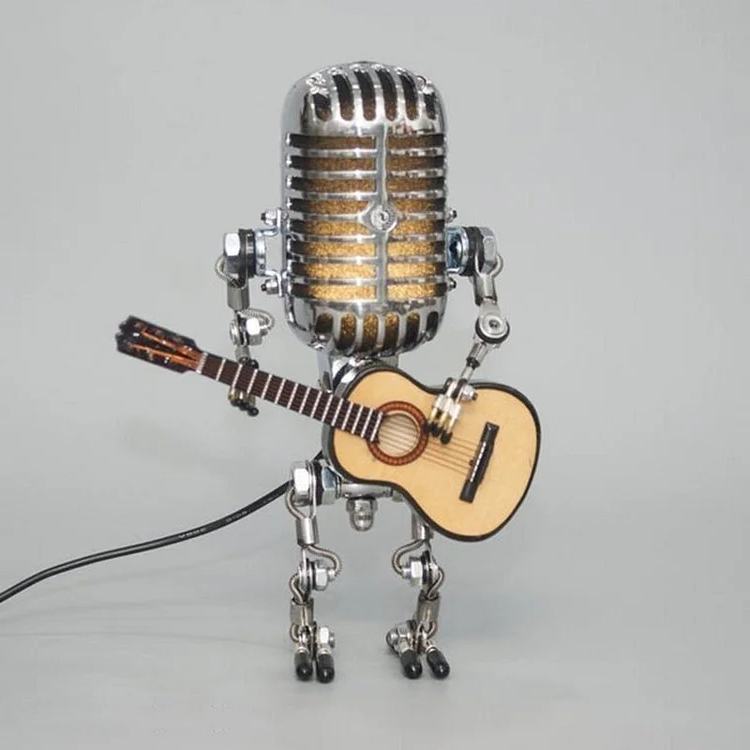Vintage Metal Microphone Robot Lamp with Guitar