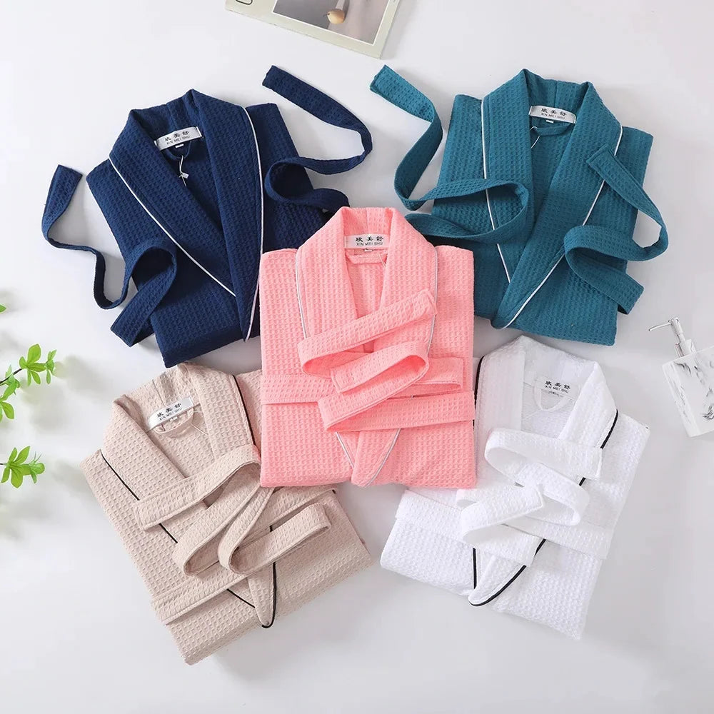 Long Sleeve Waffle Cotton Bathrobe with Tie Belt