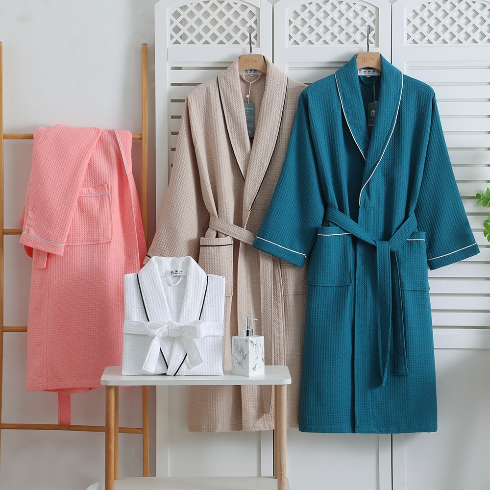Long Sleeve Waffle Cotton Bathrobe with Tie Belt