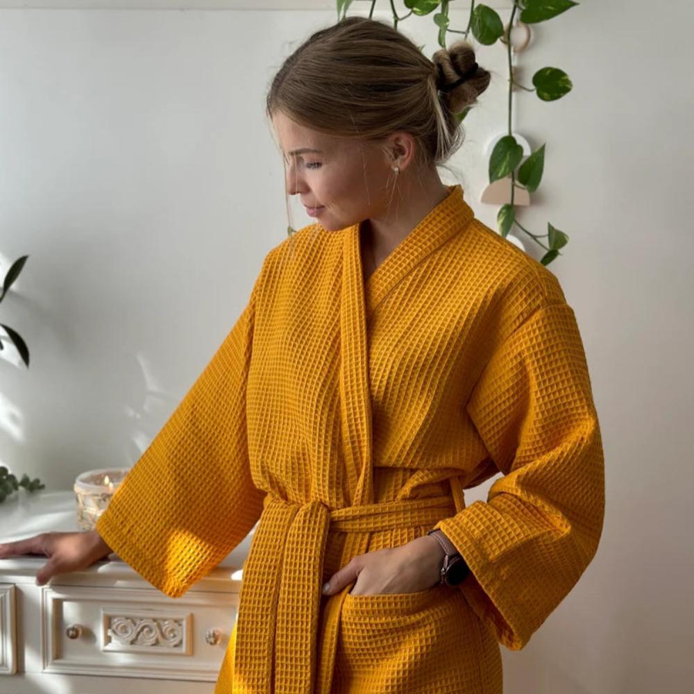 Women's Waffle Cotton Bathrobe, V-Neck & Pockets
