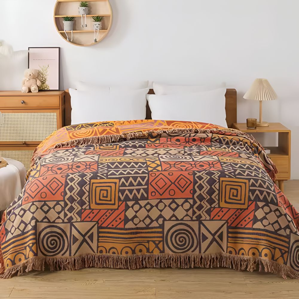 Reversible Cotton Throw, Geometric Patchwork with Fringe