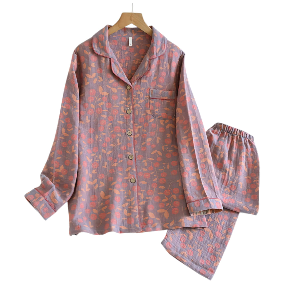 Pyjama femme en coton jacquard, haut et pantalon