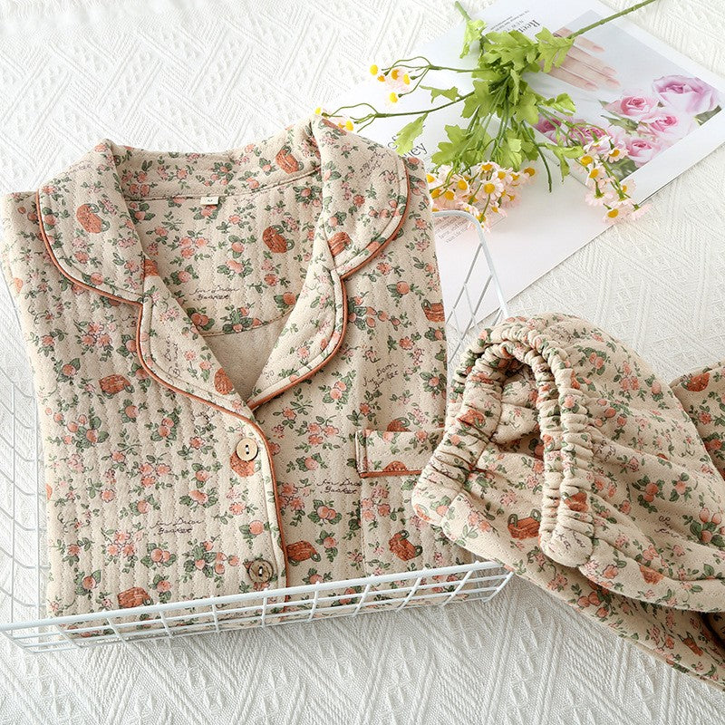 Pyjama femme vintage en coton matelassé fleuri