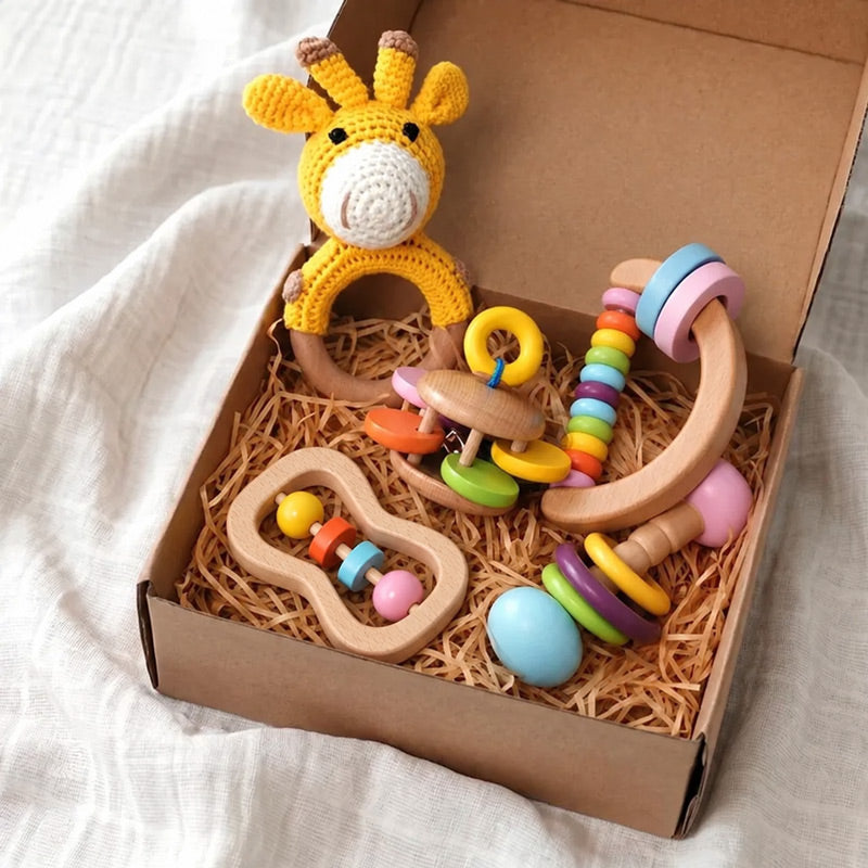 Coffret de 5 hochets en bois pour bébé