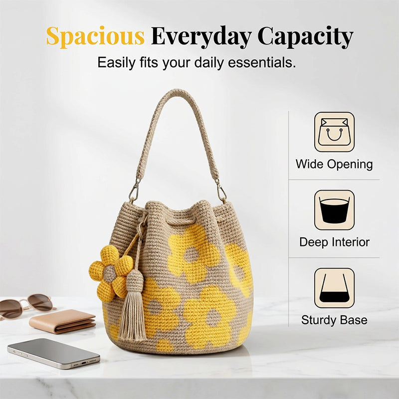 Women's Crochet Bucket Bag, Sunflower Pattern