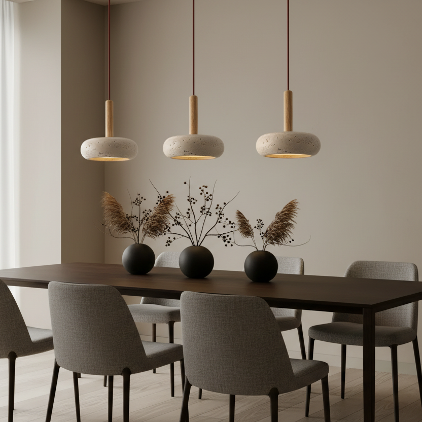 Trois suspensions L'Aura Zen au design japonais suspendues au-dessus d'une table à manger moderne.