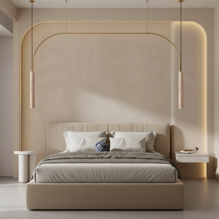Suspension en travertin véritable Ligne de Pierre installée dans une chambre à coucher de luxe.