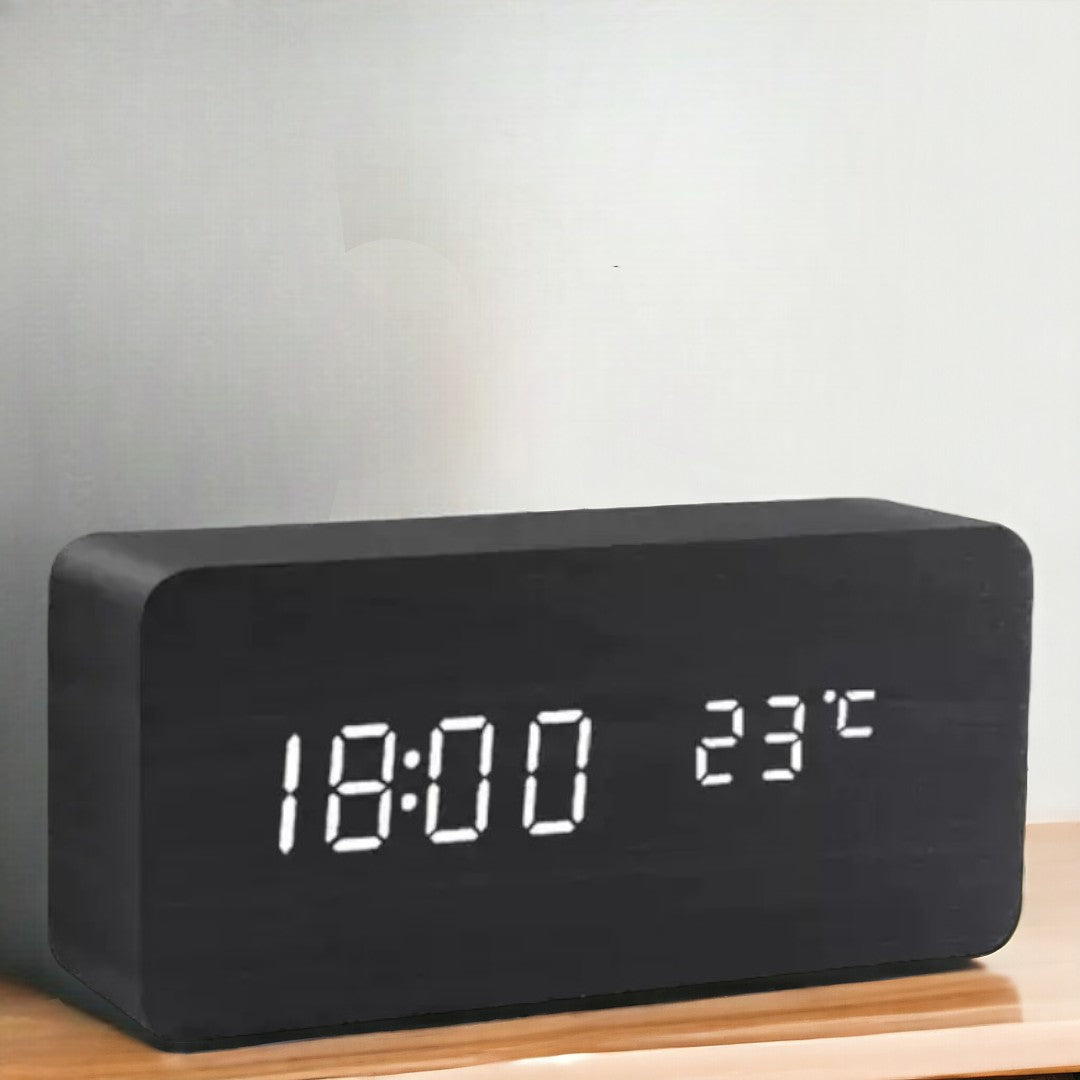 Wood-Effect LED Alarm Clock with Voice Control