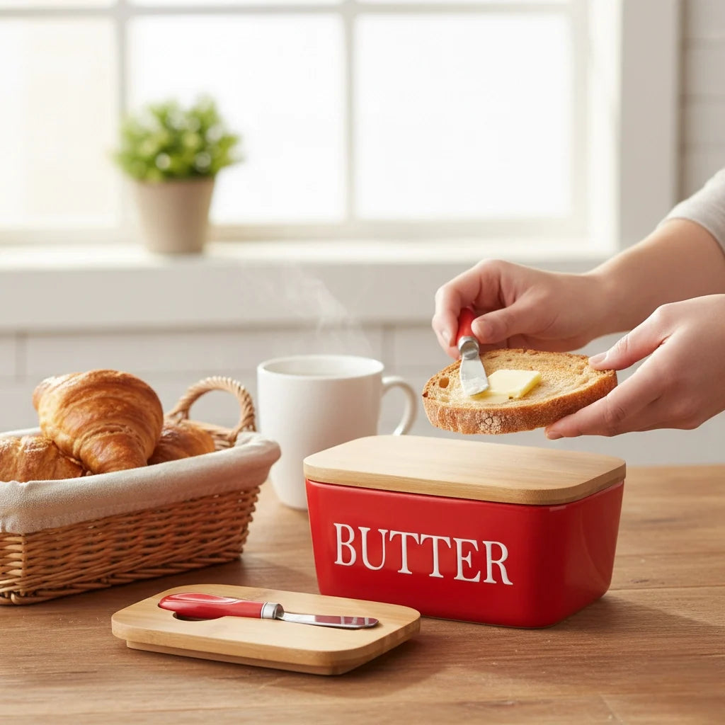 Ceramic and Bamboo Butter Dish with Knife